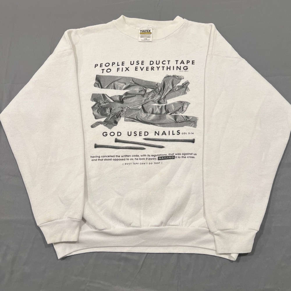 Vintage 90s God Used Nails Christian Sweatshirt White Large Colossians 2:14